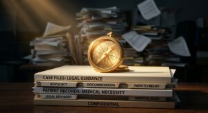 מצפן מוזהב מונח על ערימת תיקיות של ייעוץ משפטי ורשומות רפואיות, המסמל ניווט בסבך הבירוקרטיה