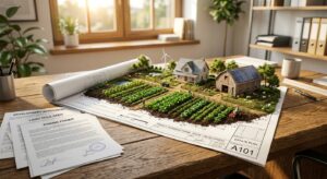 מודל תלת מימדי מפורט של חווה חקלאית אקולוגית מונח על גבי שרטוט תוכנית מתאר אדריכלית, לצד מסמכי היתרי בנייה, שטר קניין והסכמי פיתוח קרקע על שולחן עבודה משרדי.