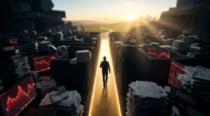 צללית של אדם הולך על שביל זהב מואר בתוך מבוך חשוך מלא בערימות ניירת ומסכי מסחר עם גרפים אדומים, לכיוון עיר מוארת בשקיעה