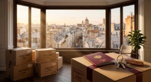 ארגזי מעבר, דרכון אירופאי ומפתחות לדירה מונחים מול חלון גדול המשקיף על נוף גגות פריז, להמחשת תהליך רילוקיישן ומעבר לחו"ל