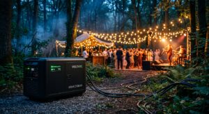 גנרטור מושתק עוצמתי בצבע שחור מספק חשמל לאירוע בטבע, ממוקם ביער כשברקע מסיבה מוארת בתאורת גירלנדות ואנשים רוקדים.