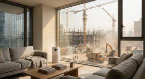 מטהר אוויר חכם בסלון מודרני מגן מפני אבק וזיהום אוויר מאתר בנייה פעיל הנשקף מבעד לחלונות גדולים